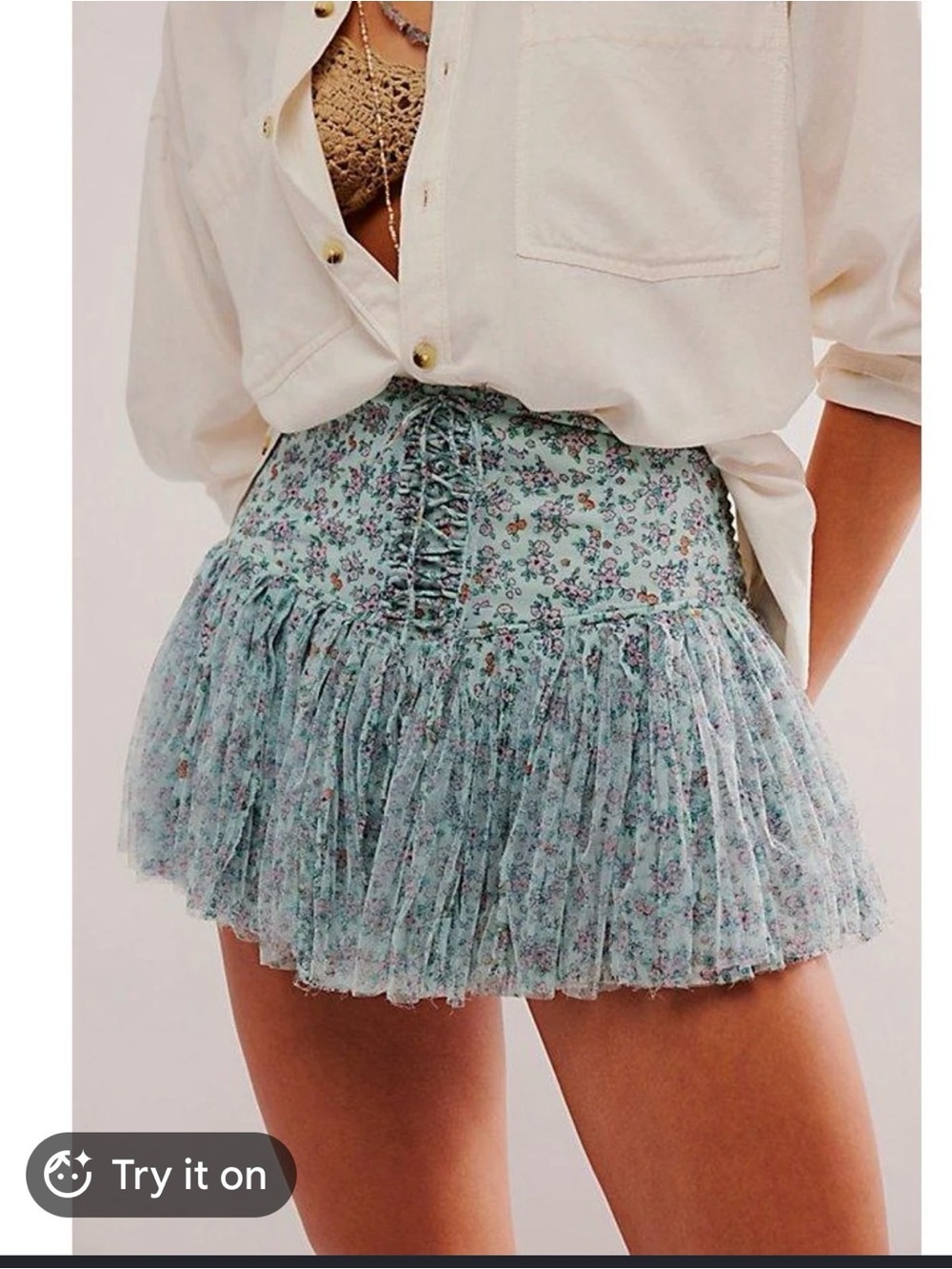 Free People Blossom Mini Floral Lace-Up Ruffle Mini Skirt